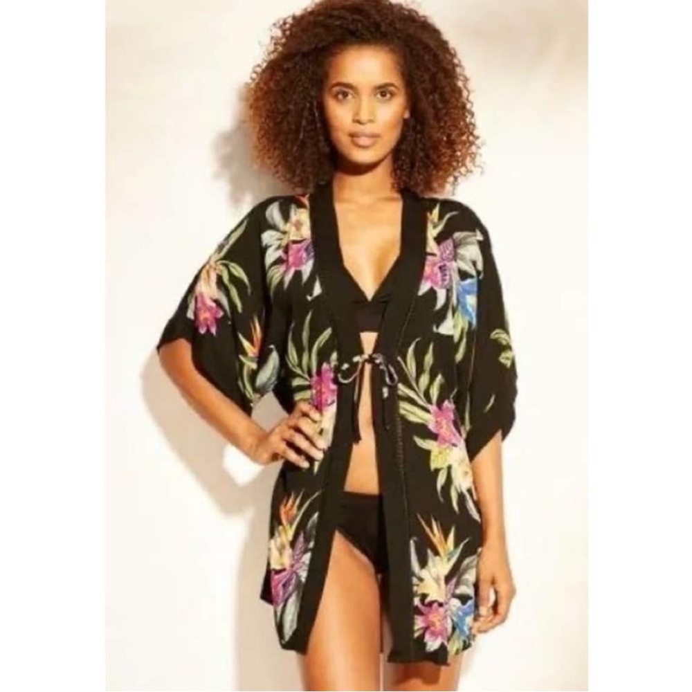 Kona Sol Swimsuit Cover Kimono Floral Tie Front Loose Fit Multi XL